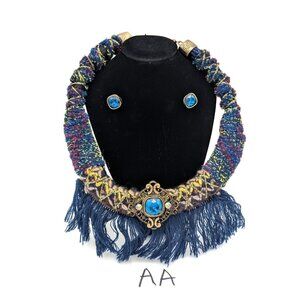 Vintage Victorian Revival Necklace Handmade Fiber Macrame Rhinestone Fringe Stud